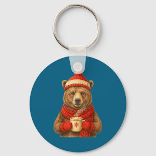Cute Bear With Santa Hat Coffee Lover Funny Winter Key Ring