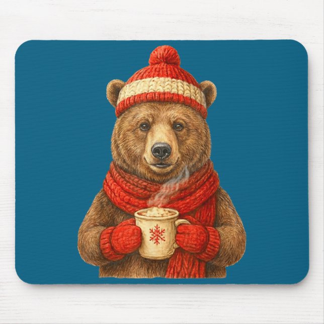 Cute Bear With Santa Hat Coffee Lover Funny Winter Mouse Pad (Front)
