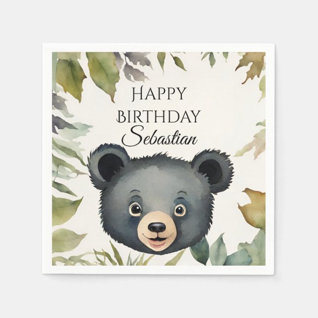 Cute Bear Woodland Animal Birthday Party Napkin (Front)
