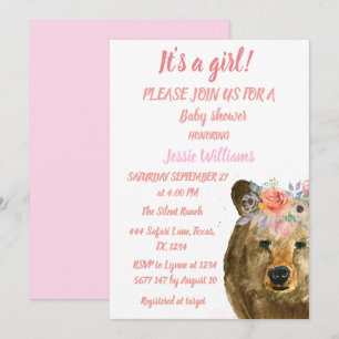 Cute Bear Woodland  Animals Pink Floral Baby Girl Invitation