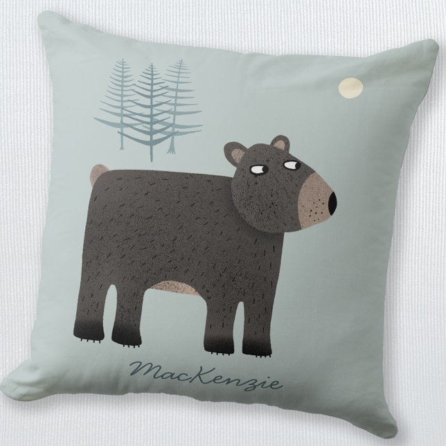 Cute Bear Woodland Name Cushion (Personalized name bear with moon and trees throw pillow)