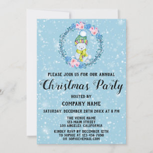 Cute Bear Wreath Company Christmas Party Blue Snow Invitation