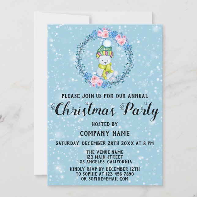 Cute Bear Wreath Company Christmas Party Blue Snow Invitation (Front)