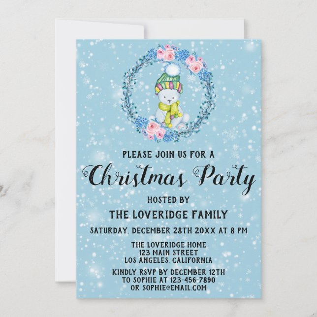Cute Bear Wreath Holiday Christmas Party Blue Snow Invitation (Front)