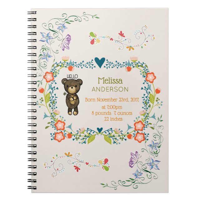 Cute Bear, Yellow Flower & Floral Wreath Baby Notebook (Front)
