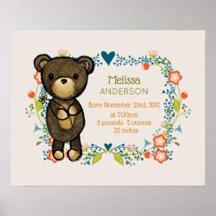 Cute Bear, Yellow Flower & Floral Wreath Baby Poster