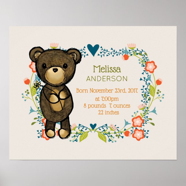 Cute Bear, Yellow Flower & Floral Wreath Baby Poster (Front)