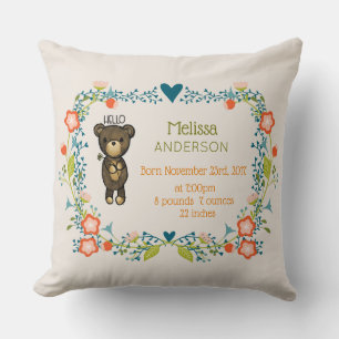 Cute Bear,  Yellow Flower & Floral Wreath Birth Cushion