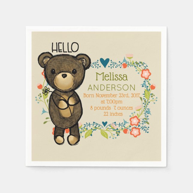 Cute Bear, Yellow Flower & Floral Wreath Birth Napkin (Front)