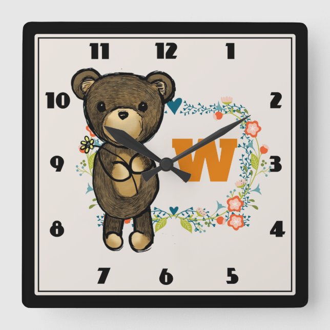 Cute Bear, Yellow Flower & Floral Wreath Monogram Square Wall Clock (Front)
