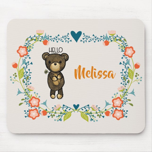 Cute Bear, Yellow Flower & Floral Wreath Mouse Pad (Front)