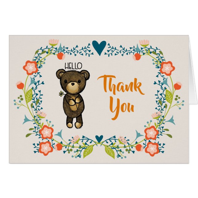 Cute Bear, Yellow Flower & Floral Wreath Thank You (Front Horizontal)