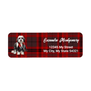 Cute Bearded Collie Sheepdog and Red Plaid Address Return Address Label