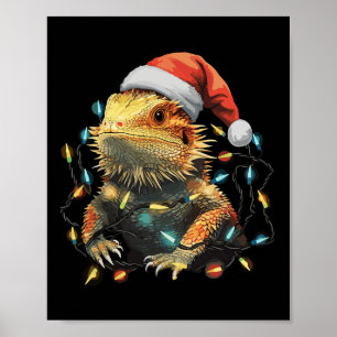 Cute Bearded Dragon Christmas Lights Santa Hat Xma Poster