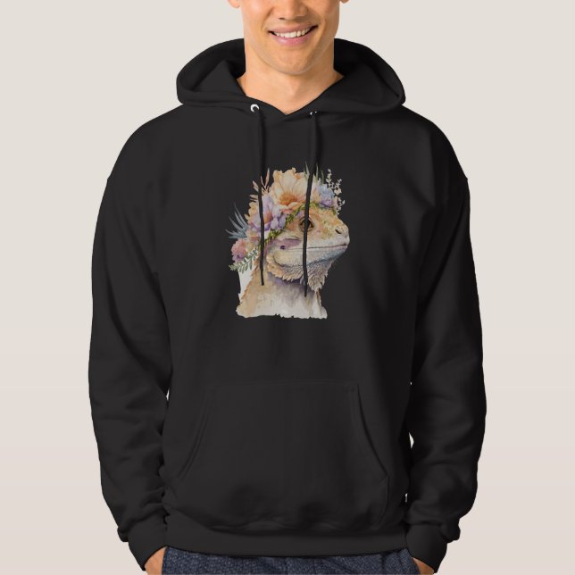 Cute Bearded Dragon Flower Crown Floral Watercolor Hoodie (Front)