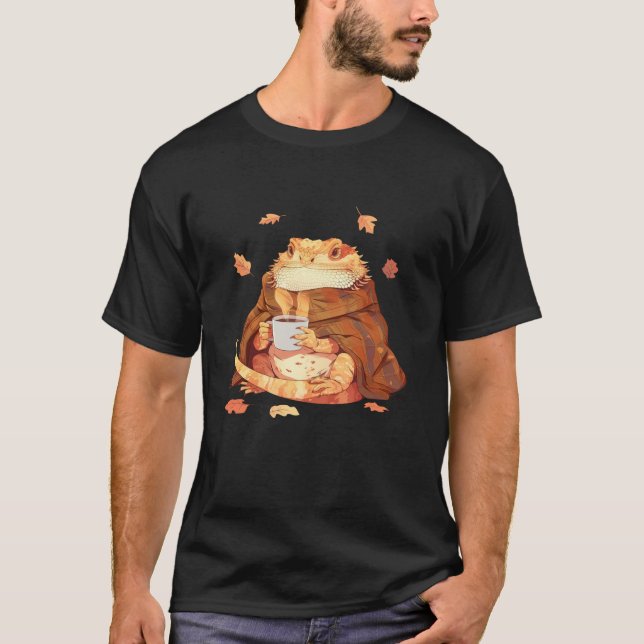 Cute Bearded Dragon In Blanket Drink Coffee Pumpki T-Shirt (Front)