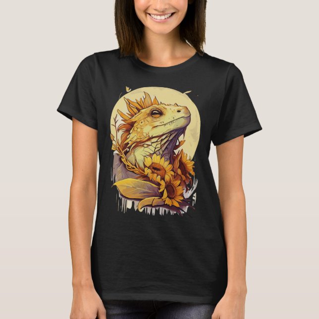 Cute Bearded Dragon Sunflower Reptile Lizard T-Shirt (Front)
