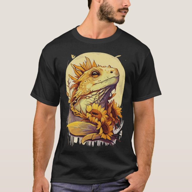 Cute Bearded Dragon Sunflower Reptile Lizard T-Shirt (Front)