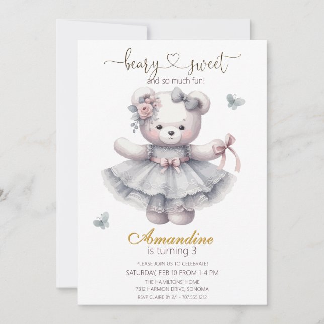 Cute bearly sweet  girl birthday  Invitation (Front)