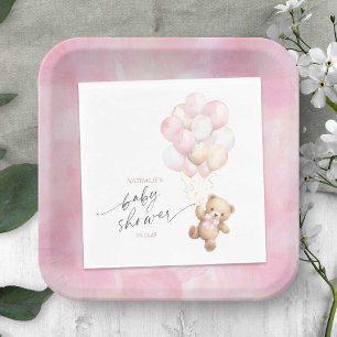 Cute Bearly Wait Teddy Bear Pink Balloons Shower Napkin