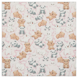 Cute Bears and Pandas on Pink Clouds Seamless Fabric