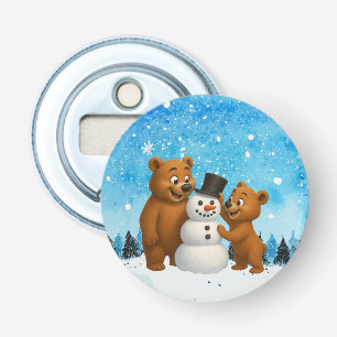 cute bears building a snowman bottle opener