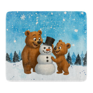 cute bears building a snowman cutting board