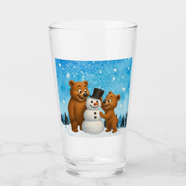 cute bears building a snowman glass (Front)