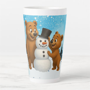 cute bears building a snowman latte mug