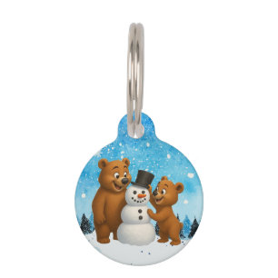 cute bears building a snowman pet tag