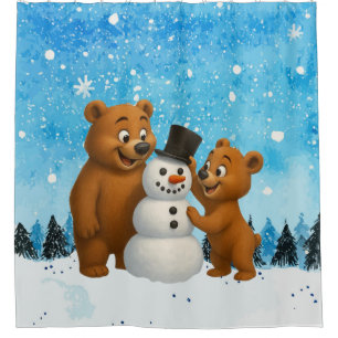cute bears building a snowman shower curtain