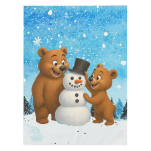 cute bears building a snowman tablecloth