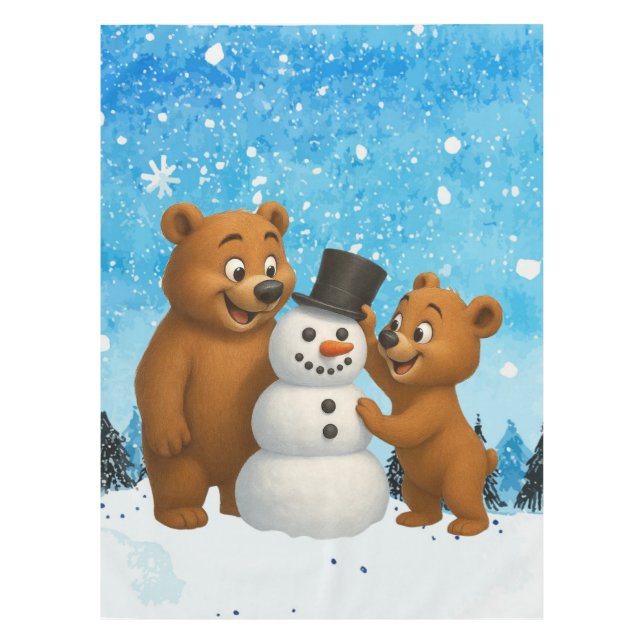 cute bears building a snowman tablecloth (Front)