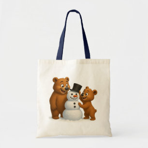 cute bears building a snowman tote bag