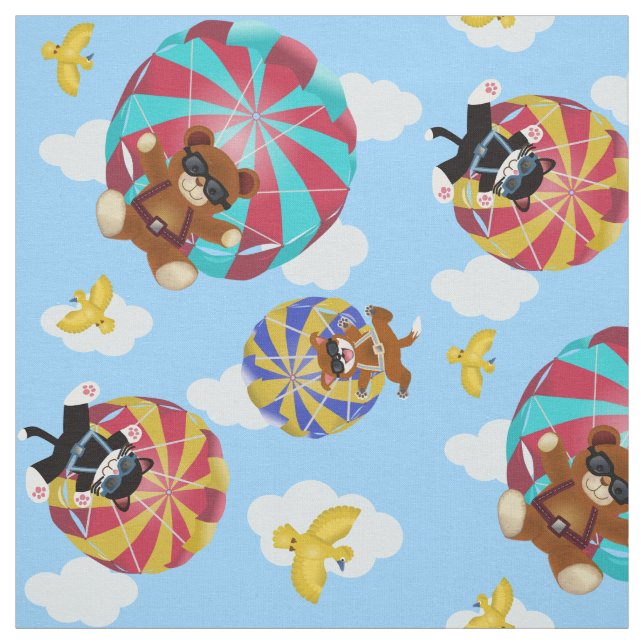 Cute Bears, Dogs and Cats and Colourful Parachutes Fabric (Swatch)