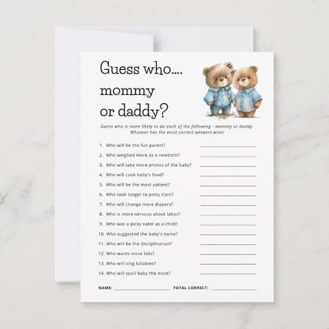 Cute Bears Guess Who Mum Dad Baby Shower Game Card (Front)