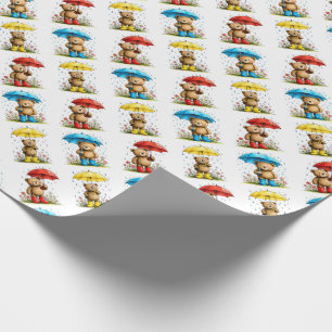 Cute Bears in Galoshes with Umbrellas Whimsical Wrapping Paper
