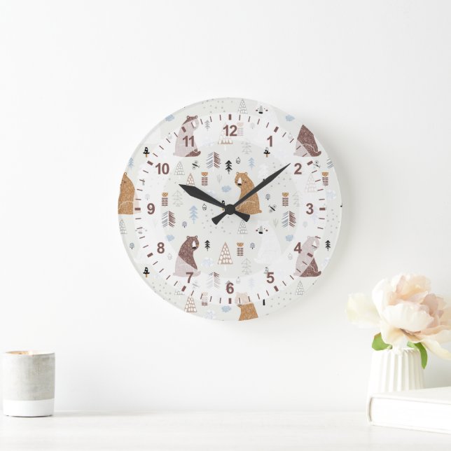 Cute Bears in the Woods Pattern Large Clock (Home)