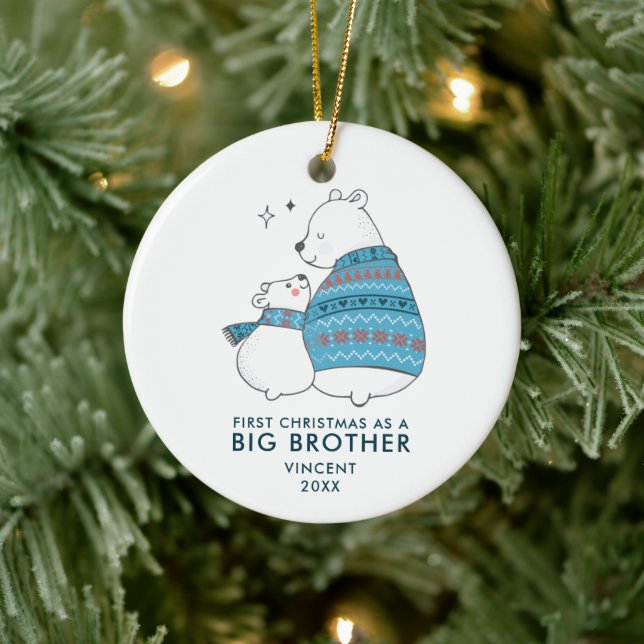 Cute Bears Personalised First Xmas as Big Brother Ceramic Ornament (Tree)