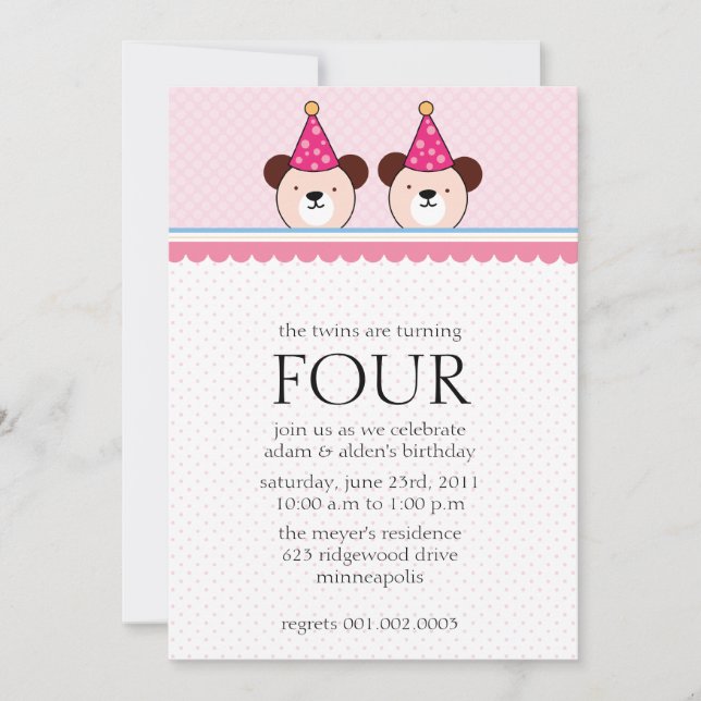 Cute bears - Pink twins birthday invitations (Front)