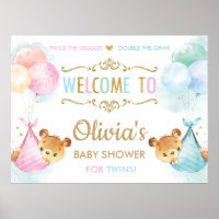 Cute Bears Twins Boy Girl Baby Shower Welcome Sign