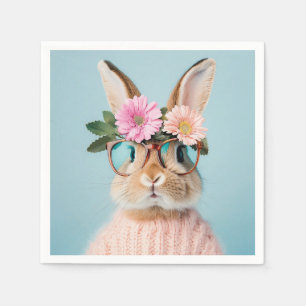 cute beautiful bunny in a hat in a basket  napkin