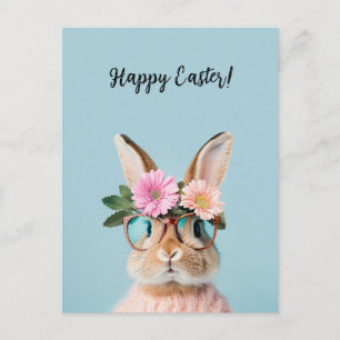 cute beautiful bunny with flowers and glasses  holiday postcard