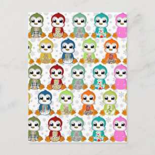 Cute beautiful colourful penguins flowers postcard