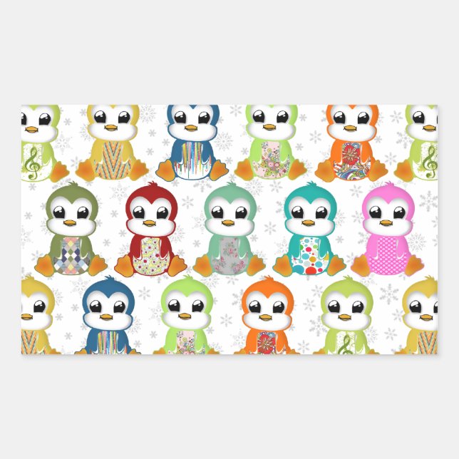 Cute beautiful colourful penguins flowers rectangular sticker (Front)