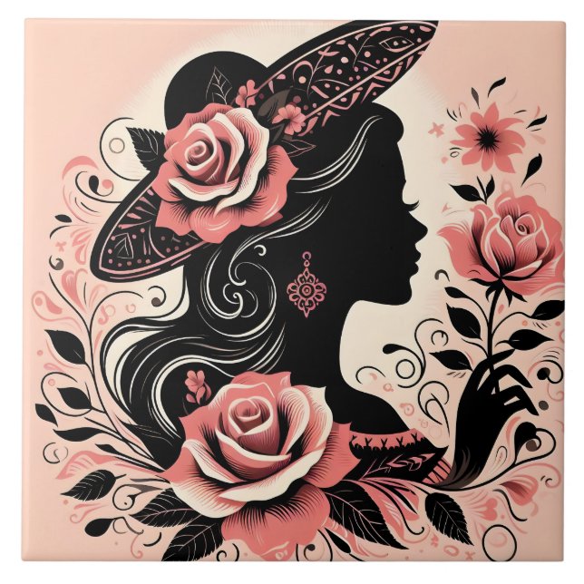 Cute Beautiful lady crafting home Ceramic Tile (Front)