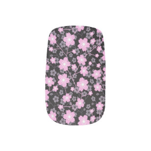 Cute Beautiful Pink Cherry Blossom on Black Minx Nail Art