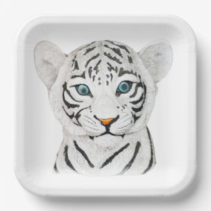Cute Beautiful White Tiger With Blue Eyes Paper Plate