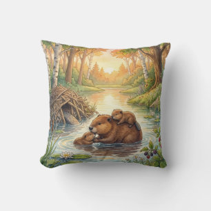Cute Beaver And Babies River and Lake Animals  Cushion