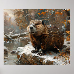 Cute Beaver During Winter Oil Painting Poster